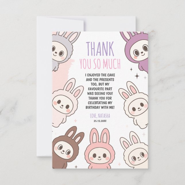 Fluffy Dolls Pastel Bunny Themed Birthday Thank You Card (Front)