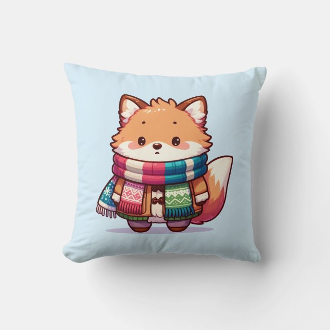 Fluffy Fox in Winter Throw Pillow (Front)