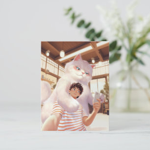 Fluffy Giant: White Cat Selfie at Retro Cafe Postcard