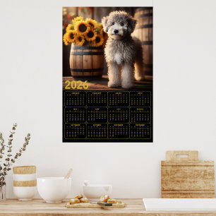 Fluffy Goldendoodle with Sunflowers – 2026 Rustic Poster