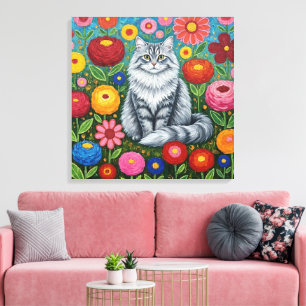 Fluffy Gray Striped Cat with Folk Art Flowers Canvas Print