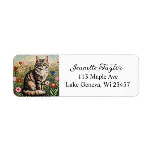 Fluffy Gray Tabby Cat and Folk Art Flowers