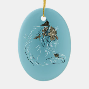 Fluffy Grey Cat on Blue Background Ceramic Ornament