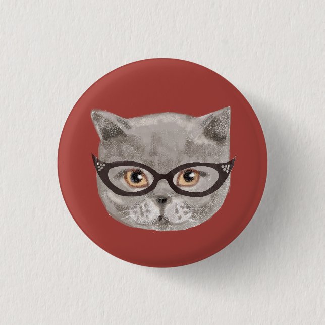 Fluffy grey cat wearing glasses 1 inch round button (Front)