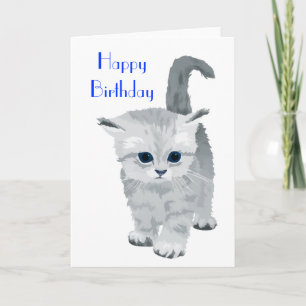 Fluffy Grey Kitten Birthday Card