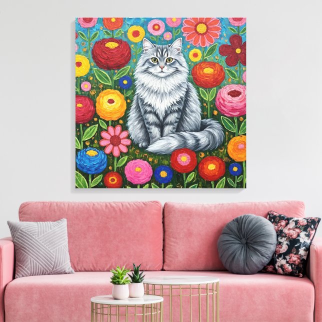 Fluffy Grey Striped Cat with Folk Art Flowers Canvas Print (Insitu(LivingRoom))