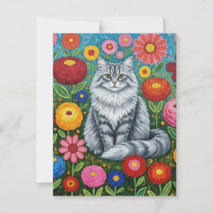 Fluffy Grey Striped Cat with Folk Art Flowers Postcard