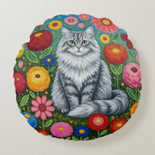 Fluffy Grey Striped Cat with Folk Art Flowers Round Pillow