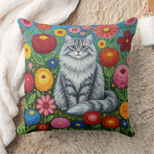 Fluffy Grey Striped Cat with Folk Art Flowers Throw Pillow