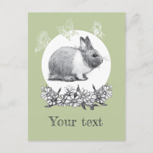 Fluffy hare with butterflies on green background postcard