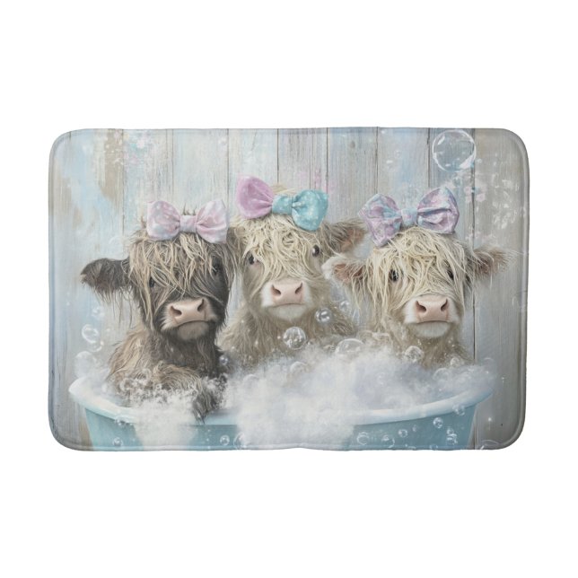Fluffy Highland Calves Bubble Bath Farmhouse Scene Bath Mat (Front)