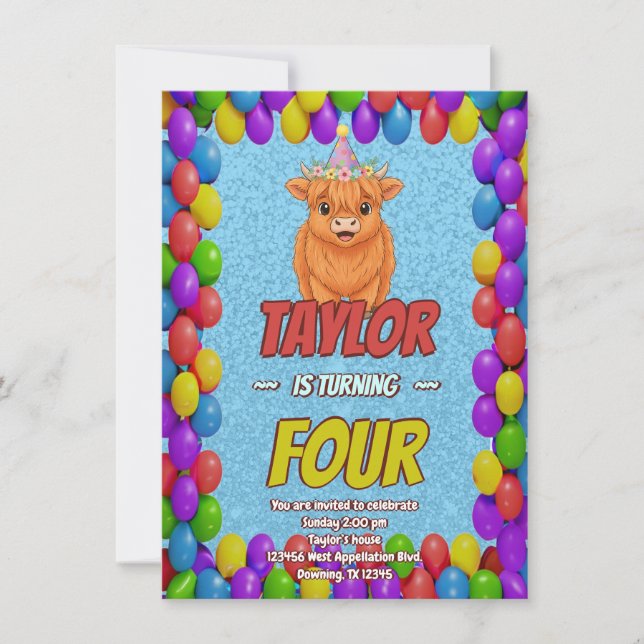 Fluffy Highland Cow Birthday Invite (Front)