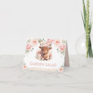 Fluffy Highland Cow Pink Blush Floral Food Tent  Card