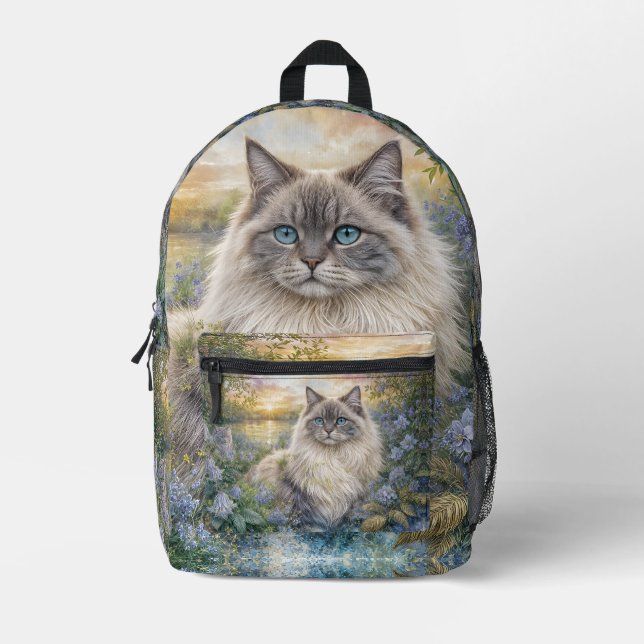 Fluffy Himalayan Cat In Purple Garden at Sunrise Printed Backpack (Front)