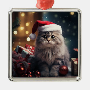 FLUFFY HOLIDAY CHRISTMAS GRAY TABBY KITTEN METAL ORNAMENT