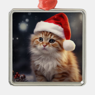 FLUFFY HOLIDAY ORANGE WHITE TABBY KITTEN METAL ORNAMENT