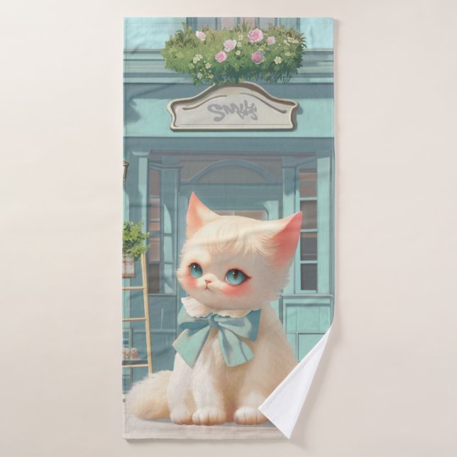 Fluffy Kitten avec Blue Bow à la pâtisserie (Serviette de bain)