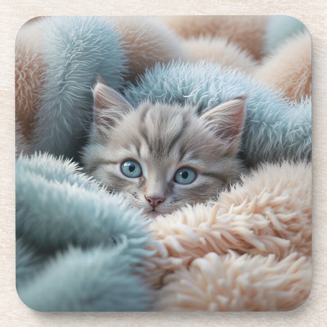 Fluffy Kitten in a Soft Blanket Coaster (Front)