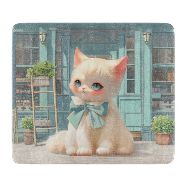 Fluffy Kitten with Blue Bow at Pastry Shop Cutting Board (Front)