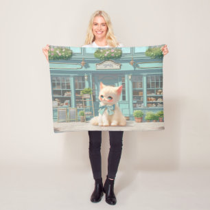 Fluffy Kitten with Blue Bow at Pastry Shop Fleece Blanket