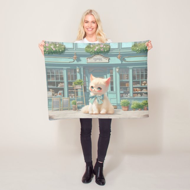 Fluffy Kitten with Blue Bow at Pastry Shop Fleece Blanket (In Situ)