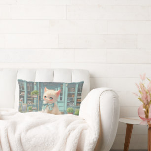 Fluffy Kitten with Blue Bow at Pastry Shop Lumbar Pillow