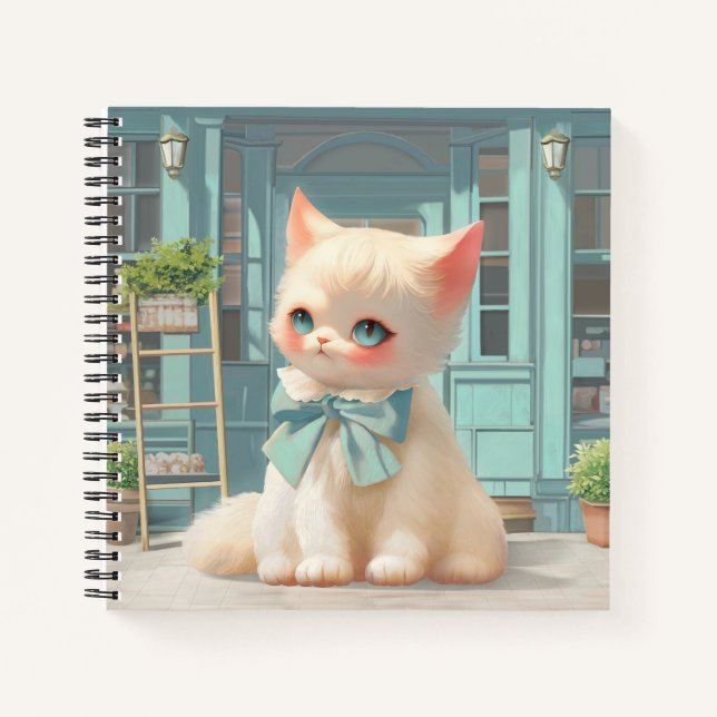 Fluffy Kitten with Blue Bow at Pastry Shop Notebook (Front)