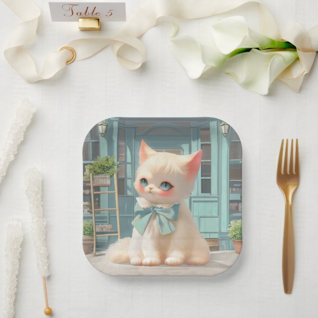 Fluffy Kitten with Blue Bow at Pastry Shop Paper Plate (Wedding)