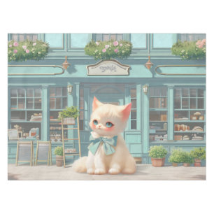 Fluffy Kitten with Blue Bow at Pastry Shop Tablecloth