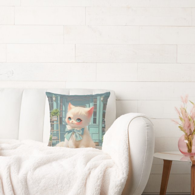 Fluffy Kitten with Blue Bow at Pastry Shop Throw Pillow (Couch)