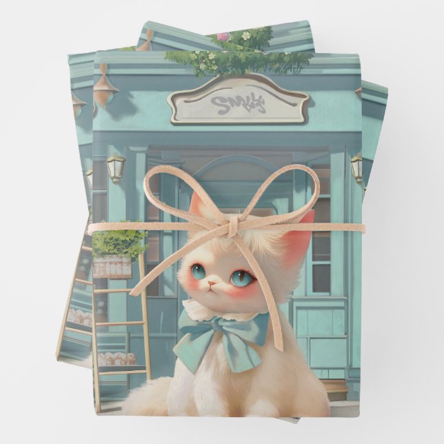 Fluffy Kitten with Blue Bow at Pastry Shop Wrapping Paper Sheet (In situ)