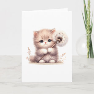 Fluffy Kitten with Dandelion – Cute Blank Greeting Card