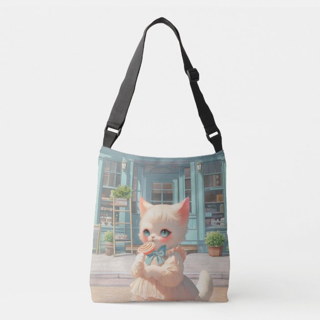 Fluffy Kitten with Lollipop at Pastry Shop Crossbody Bag (Front)