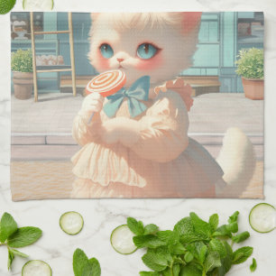 Fluffy Kitten with Lollipop at Pastry Shop Kitchen Towel