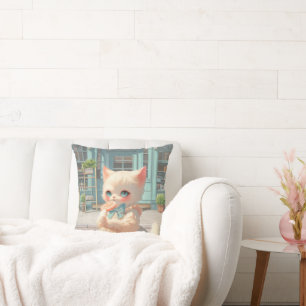 Fluffy Kitten with Lollipop at Pastry Shop Throw Pillow