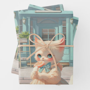 Fluffy Kitten with Lollipop at Pastry Shop Wrapping Paper Sheet