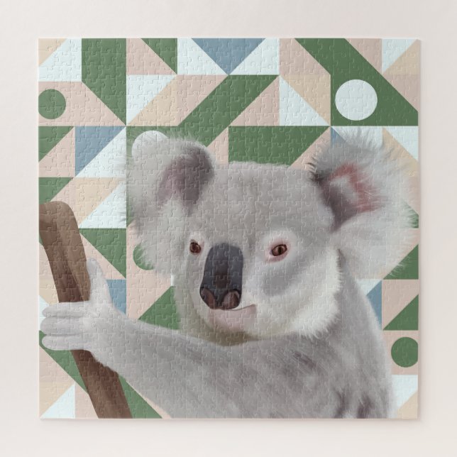 Fluffy Koala Green Geometric Background Jigsaw Puzzle (Vertical)
