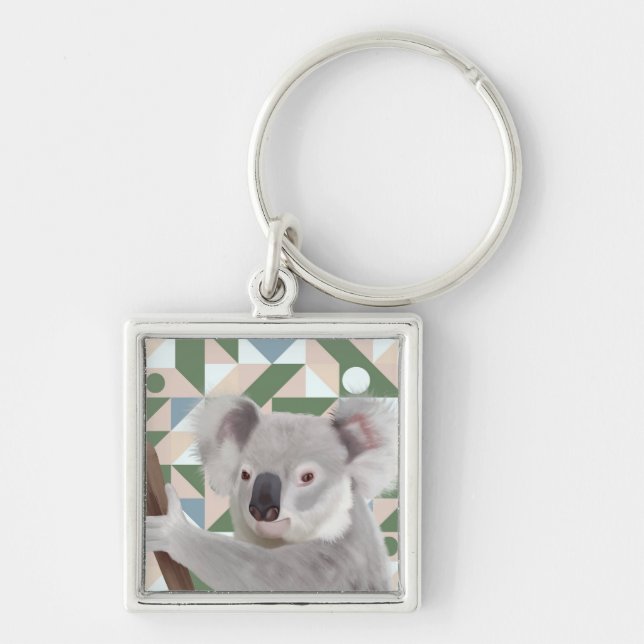 Fluffy Koala Green Geometric Background Keychain (Front)