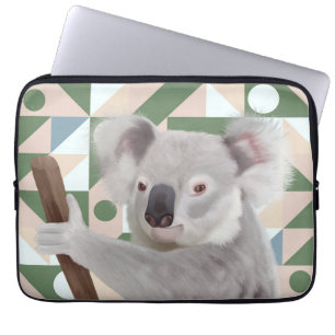 Fluffy Koala Green Geometric Background Laptop Sleeve