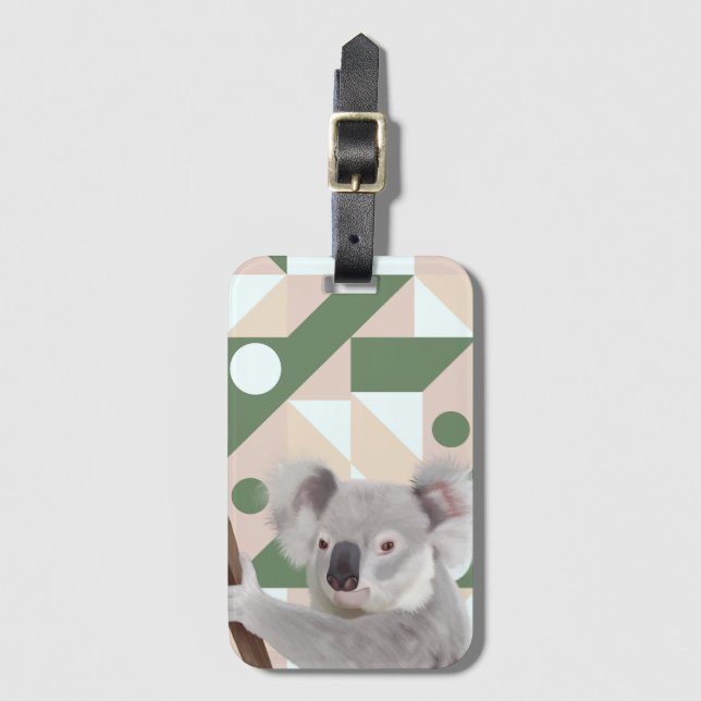 Fluffy Koala Green Geometric Background Luggage Tag (Front Vertical)