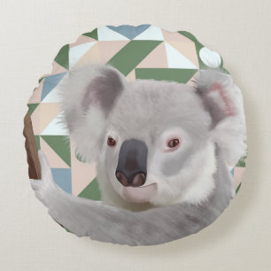 Fluffy Koala Green Geometric Background Round Pillow