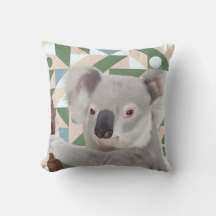 Fluffy Koala Green Geometric Background Throw Pillow
