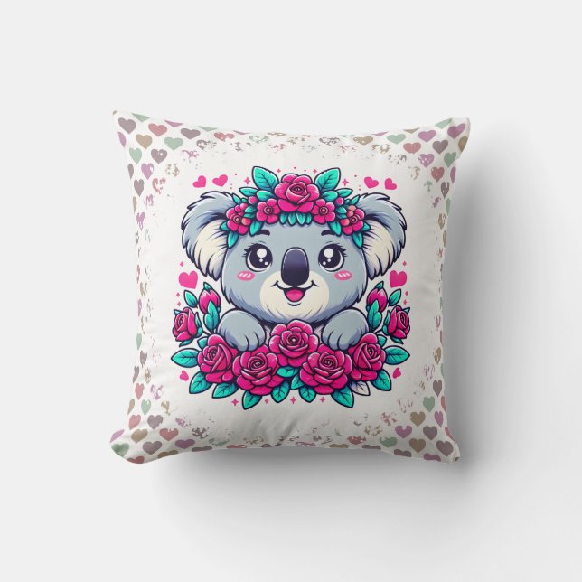 Fluffy Koala with Flower Crown Throw Pillow (Front)