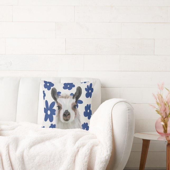 Fluffy Llama Blue Retro Flowers Throw Pillow (Couch)