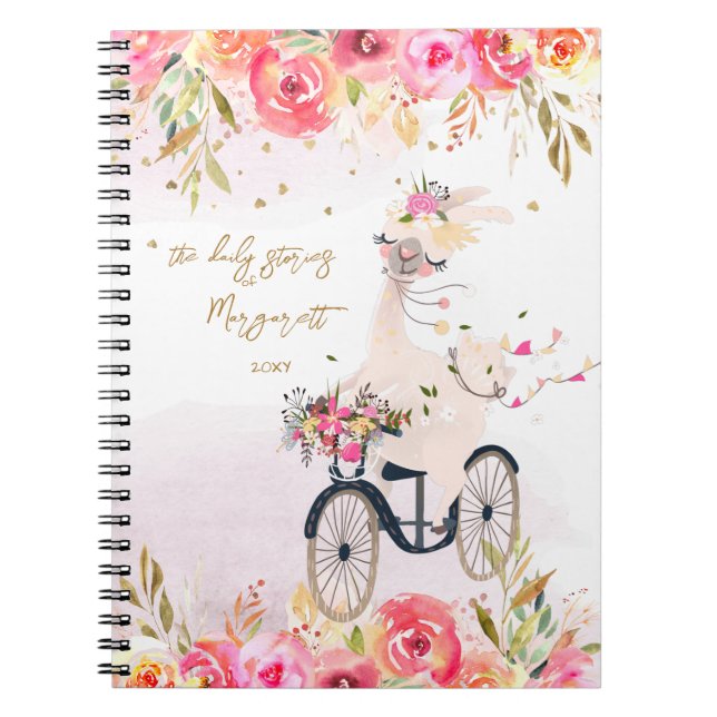 Fluffy Llama Riding Bicicle Girl Back To School Notebook (Front)