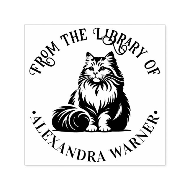 Fluffy Long Hair Cat Sitting #1 Library Book Name Self-inking Stamp (Design)