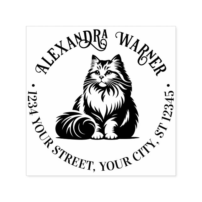 Fluffy Long Hair Cat Sitting #1 Name Ret Address Self-inking Stamp (Design)