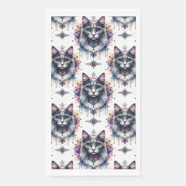 Fluffy Long Hair Grey and White Tuxedo Cat Napkin (Front)