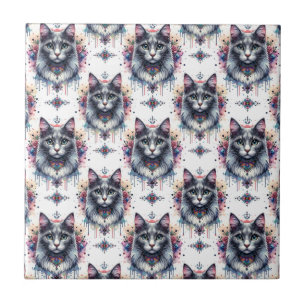 Fluffy Long Hair Grey and White Tuxedo Cat Tile