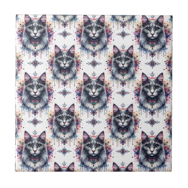 Fluffy Long Hair Grey and White Tuxedo Cat Tile (Front)